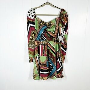 NWT Outrageous Fortune Green Scarf Pattern Long Sleeve Mini Dress 10